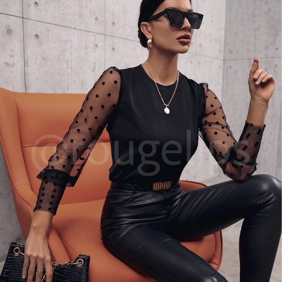 Black Sheer Mesh Detail Polka Dot Shirt Long Sleeve Top - Picture 1 of 7